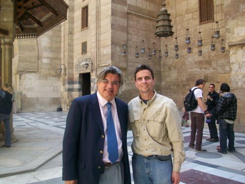 Zach Newell with Dr. Tarek Swelim, a scholar and tour guide for Islamic art and architecture, standing near the Sultan Barquq Mosque Complex