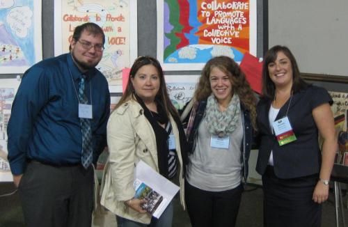 Dan Godden, Olga López, and Kaylee Hotchkiss, Spanish teachers at Palmer Public Schools pose with Massachusetts 2013 Teacher of the Year Kathleen Turner at the MaFLA Annual Fall Conference