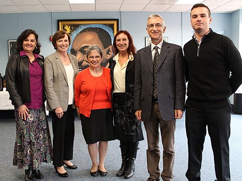 At the signing of the Memorandum of Understanding with the Italian Government. From left to right: World Languages and Cultures Chair Michele Dávila, University President Patricia Meservey, Interim Provost Amie Marks Goodwin, Professor Anna Rocca, Director of the Education Office at the Consulate General of Italy is Domenico Savio-Tecker, and student Ryan Walsh.